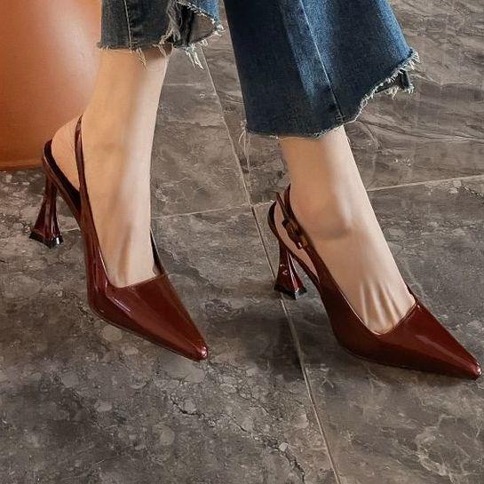 

Burgundy sexy bag head sandals women s rear strap patent leather versatile fashion niche thin heel pointed high heels women 35