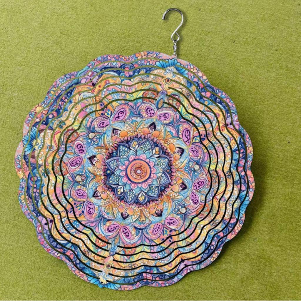 3D Mandala Flower Wind Chime Vibrant Metal Kinetic Hanging Sculpture Colorful Petal Design for Indoor Outdoor Garden Decor Room Decoration