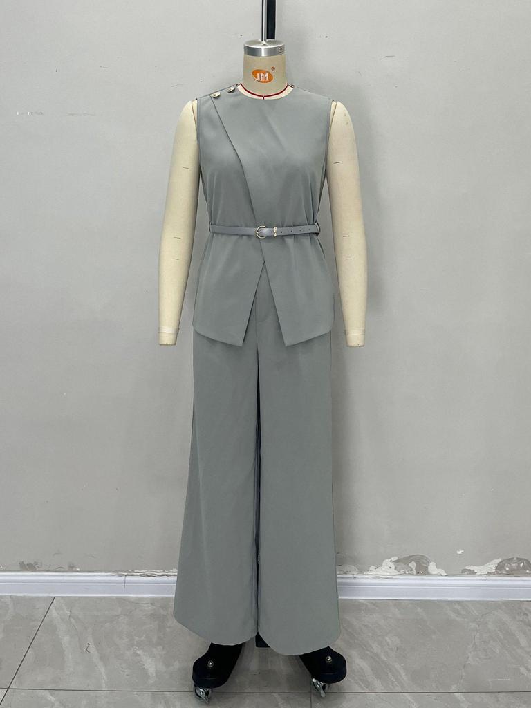 European & American Solid Color Sleeveless Top and High Waist Wide-Leg Pants Two-Piece Women's Set