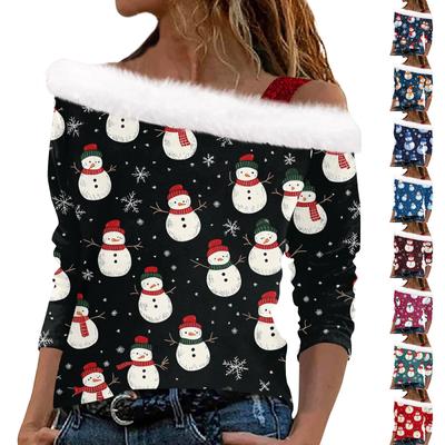 Damen Lässiges Weihnachten Bedrucktes Langarm Plüsch Trägerloses Pullover-Oberteil