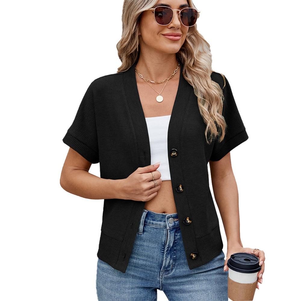 Women's Waffle‑Knit V‑Neck Short Sleeve Button‑Front Open Cardigan Casual Summer Sweater Top
