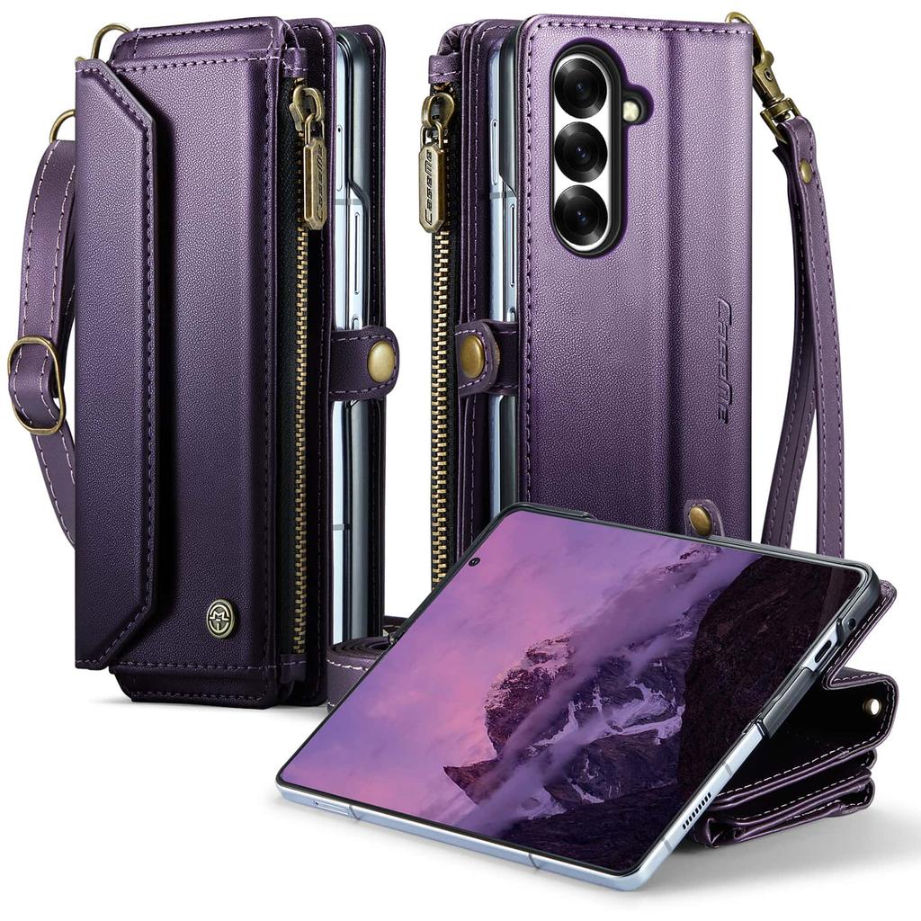 Crossbody Wallet Case for Samsung Galaxy Z Fold 8 RFID Blocking Zipper Pocket 7 Card Holder Leather Flip Shoulder Strap Cover