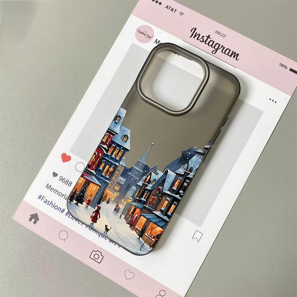 

Cozy Snowy Town Phone Case for iPhone Series 17-11/X/XS Transparent Soft Case Anti-Scratch Night Scene Art Back Cover iPhone17 серый