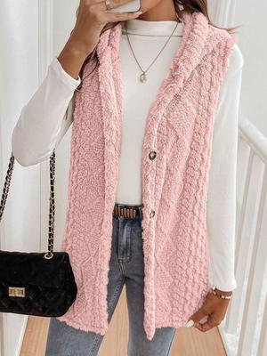 Reversible Plush Hooded Button Cardigan Vest for Women - Solid Color, Casual, Autumn/Winter Style