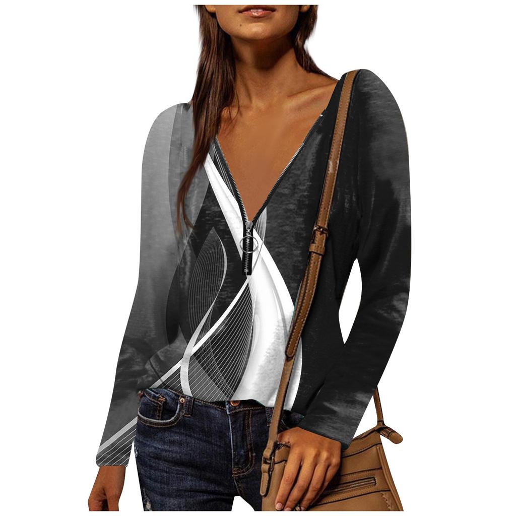 Women's Shirt Blouse Casual Loose Shirts Print Long Sleeve V Neck Zipper T-shirts Tee Pullover Tops