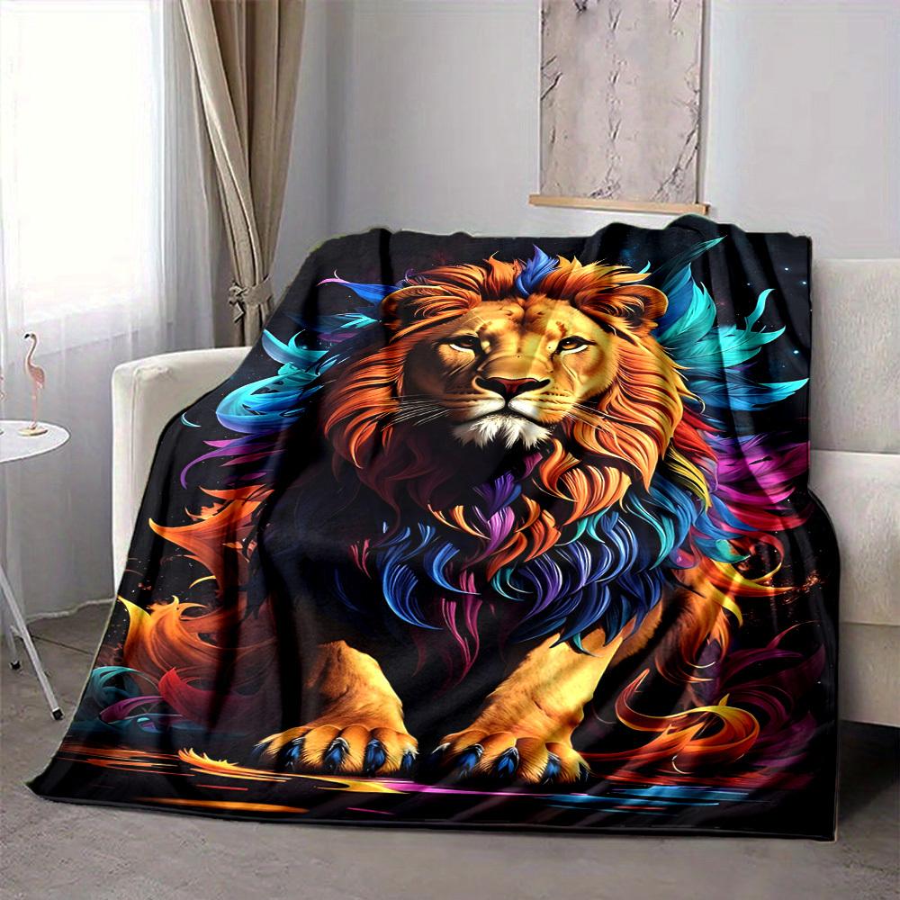 1pc Lion Colors Print Blanket   Lightweight Flannel Throw Blanket For Sofa, Bed, Living Room, Office, Outdoor Travel, Camping