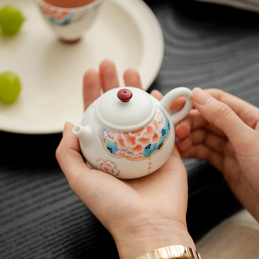 Hand Painted Ceramic Teapot White Porcelain Peony Design Chinese Kungfu Tea Set for Home Office Decor Gift Tea Lover