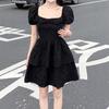 Summer New Spice Girl Waist Fluffy Small Black Dress French Short Sleeve Thin Black Skirt Dress Women's Summer