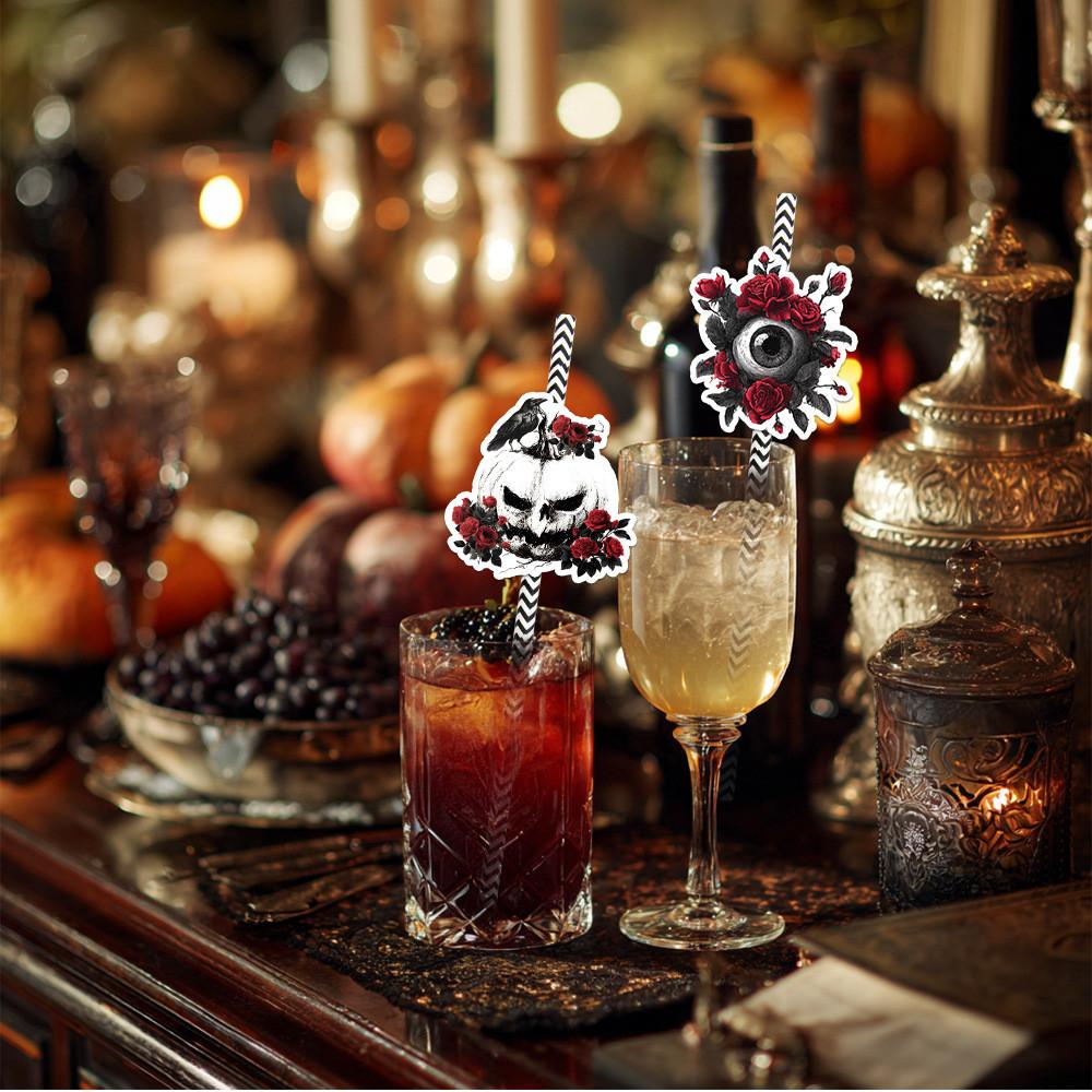 Rose Skull Halloween Paper Straw Set Parties Events Disposable Decor Beverage