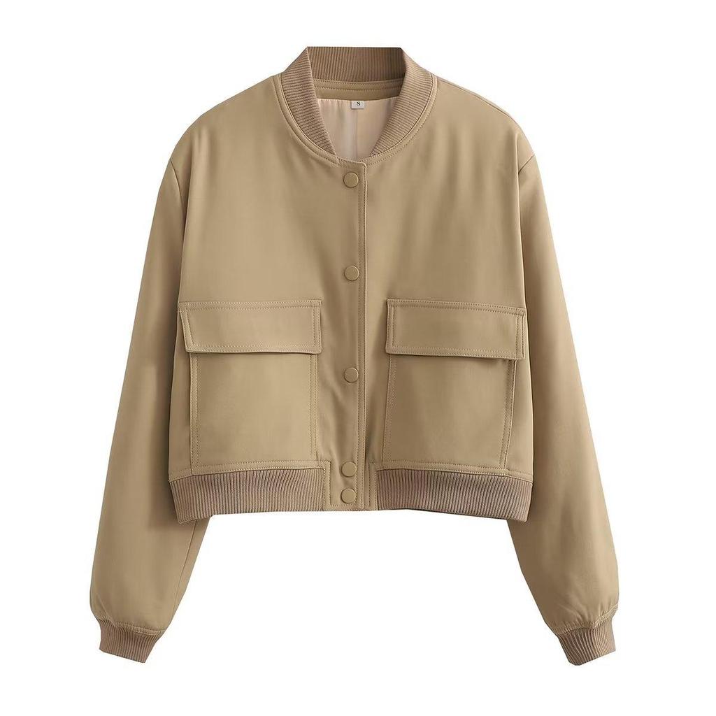 2026 Spring Women's Stand Collar Jacket with Large Pockets, Minimalist Solid Color Casual Coat for Daily Streetwear, Lightweight Outerwear