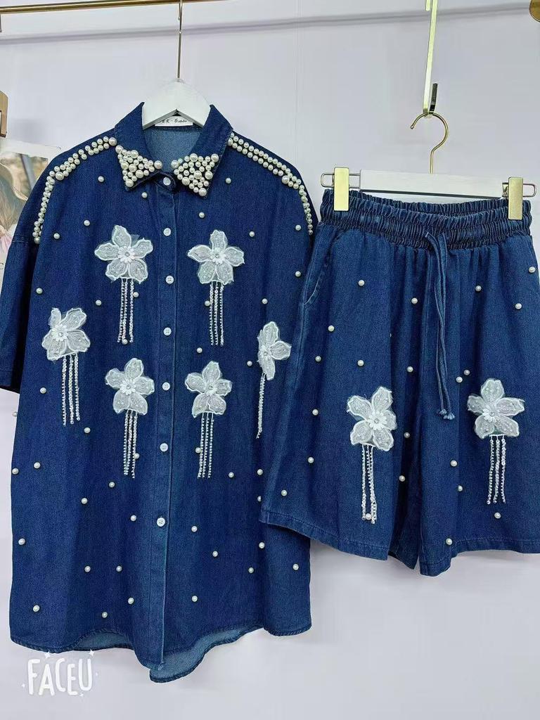 Stilvolles Damen-Zweiteiler-Denim-Set - Strickjacke & Shorts, Europäisch inspirierter lockerer Schnitt