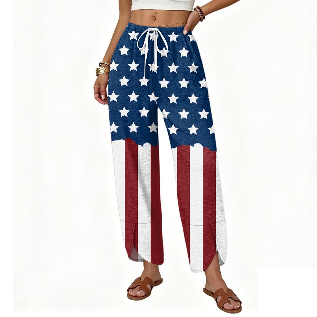 Women Casual Loose Straight Leg Wide Leg Drawstring Printed Long Pants with Pockets for Everyday Relaxed Wear