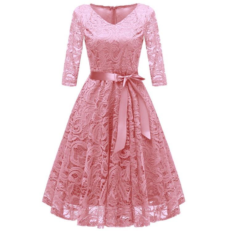 Vintage Floral Lace Bridesmaid Dress 3 4 Sleeve A Line with Ribbon Belt Tea Length Cocktail Party Evening Occasion Outfit Day Wear