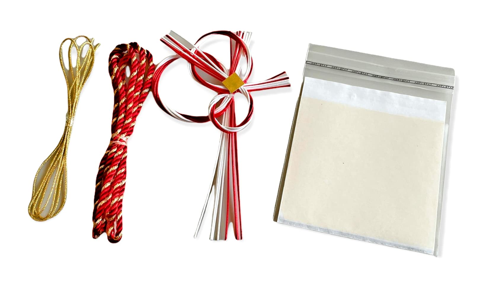 

Japanese-style hair ornament for Coming-of-Age Ceremony, featuring red and gold braided cord, red and white mizuhiki decoration, gold cord, and gold
