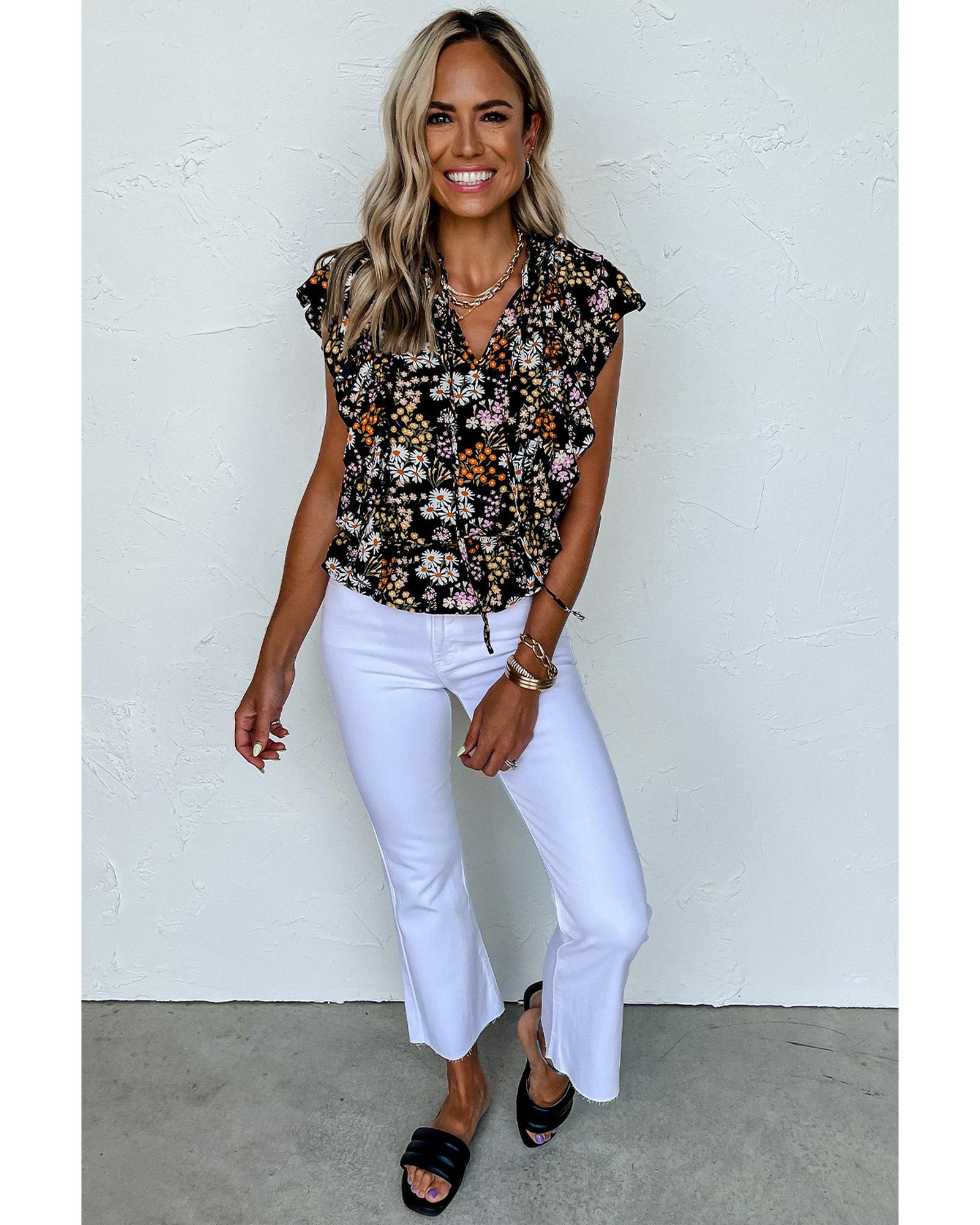 

Azura Exchange Ruffle Drawstring V Neck Blouse S чорний