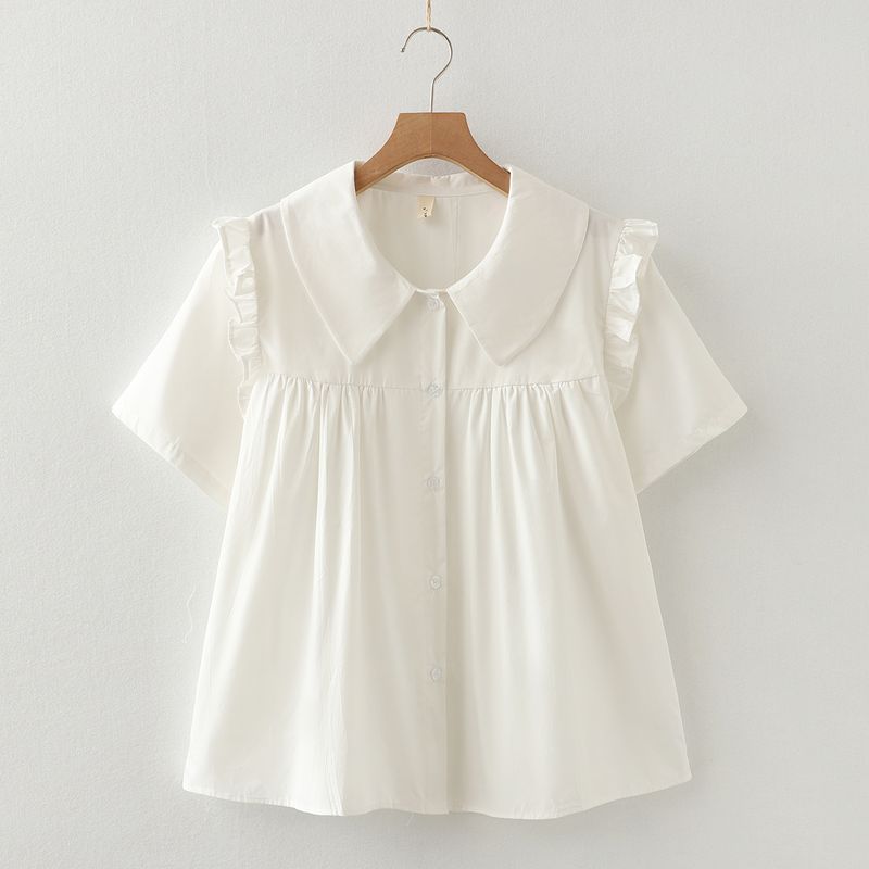 

Sweet Polo Collar Loose Lotus Leaf Design Single-Breasted Pure Cotton Baby Shirt Top Women s Slimming Youthful-Looking Shirt White M