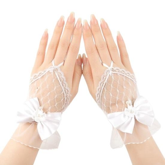 Women Lace Gloves Fingerless Mesh Gloves with Bow Embellishment for Wedding Princess Style Stage Performance Ballet Party Cosplay Bridal Accessories
