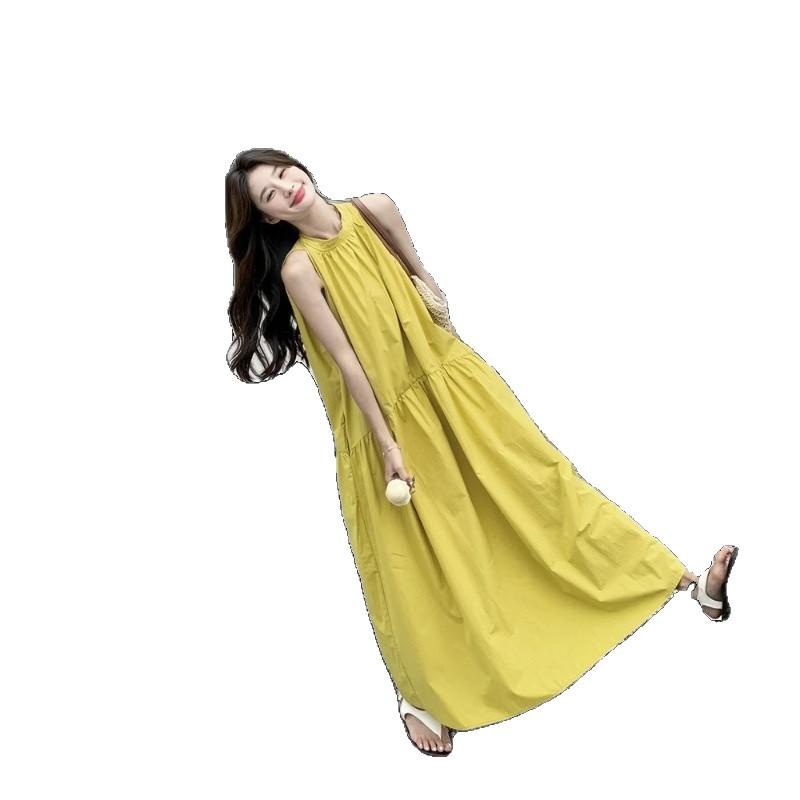 Holiday Style Super Good-looking Fairy French Yellow Neck Off-the-shoulder Dress Women's Summer New Temperament Loose Long