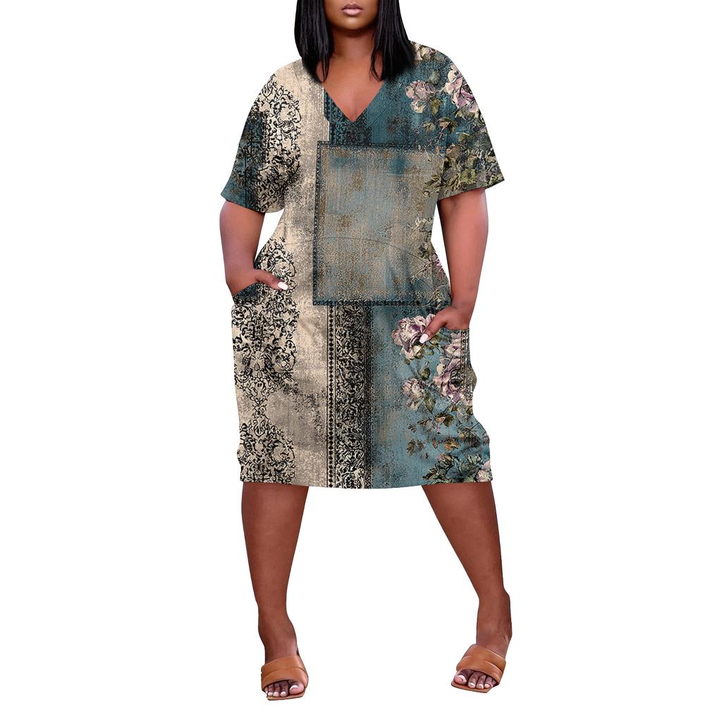 Letní nadměrné velikosti V výstřih krátký rukáv ke kolenům kapsa potisk ležérní šaty pro ženy
