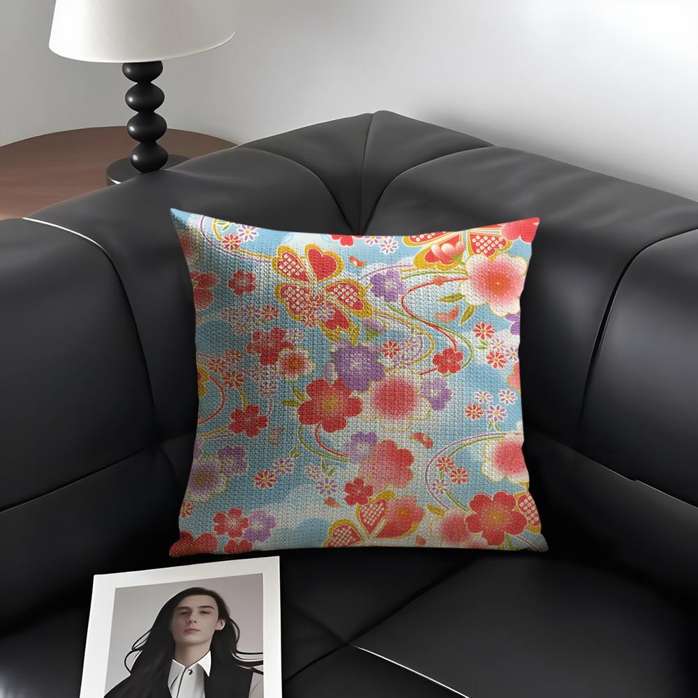Cherry Blossoms Japanese Style Cushion Cover Natural Linen Organic Fabric Double-Sided Printing Sofa Home Decor Gift Pillow Case