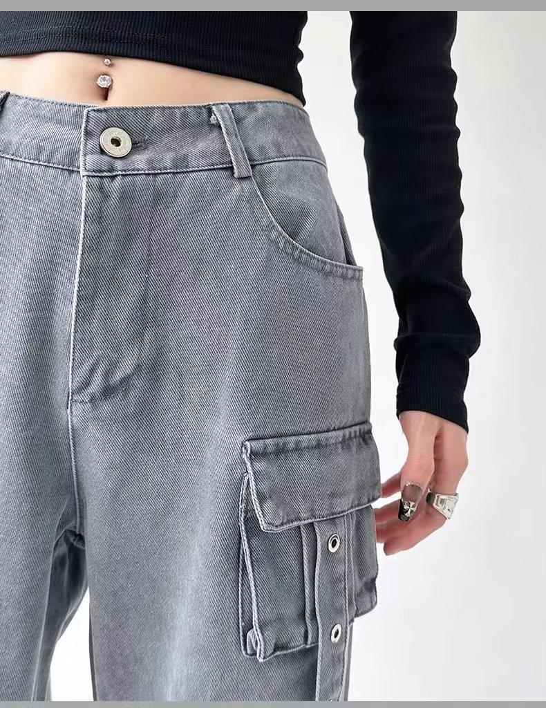 Women's Multi-Pocket High Waist Workwear Jeans - Autumn Loose Slimming Straight Leg, Versatile Wide-Leg Floor-Length Pants