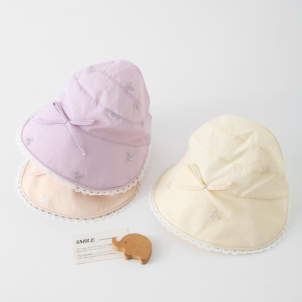 Princess Lace Trim Empty Top Hat for 3-8 Years Old Girls Spring Summer Sun Protection Cotton Linen Cord Fisherman Hat