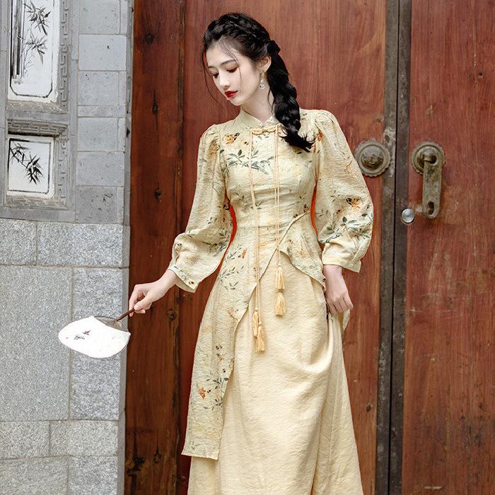 Women's Retro Chinese Buttoned Cheongsam Dress - Spring/Autumn Long Skirt