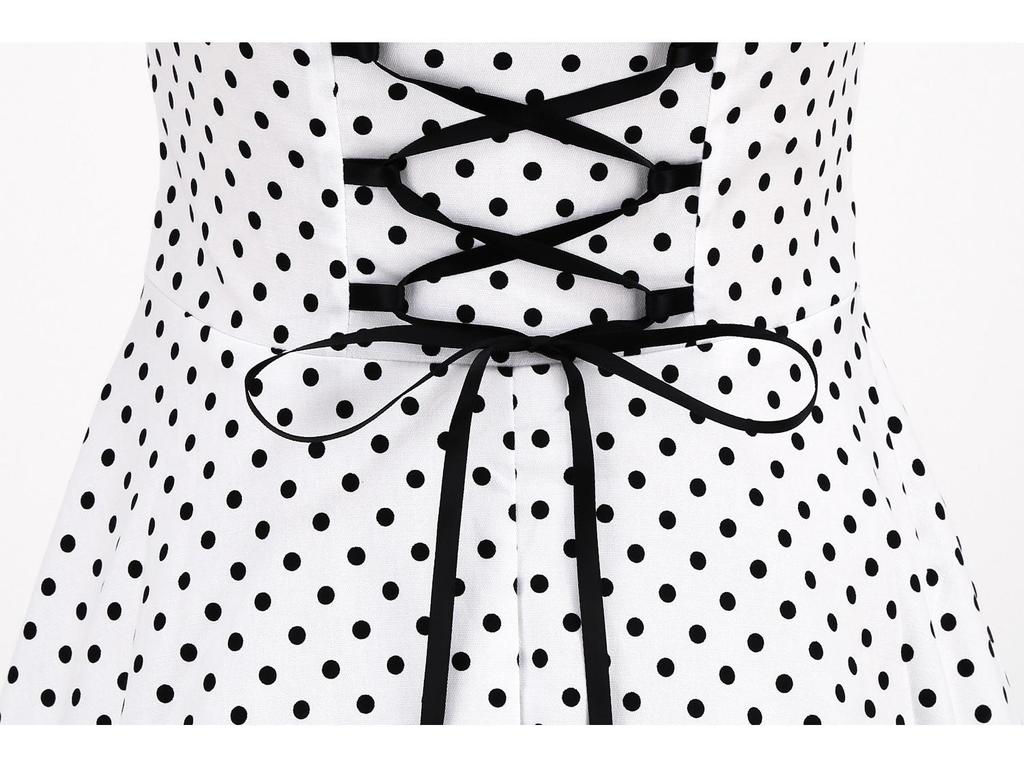 Retro Polka Dot Halter Backless Lace-up Bodycon Waist-Cinching Long-Sleeved Dress for Women