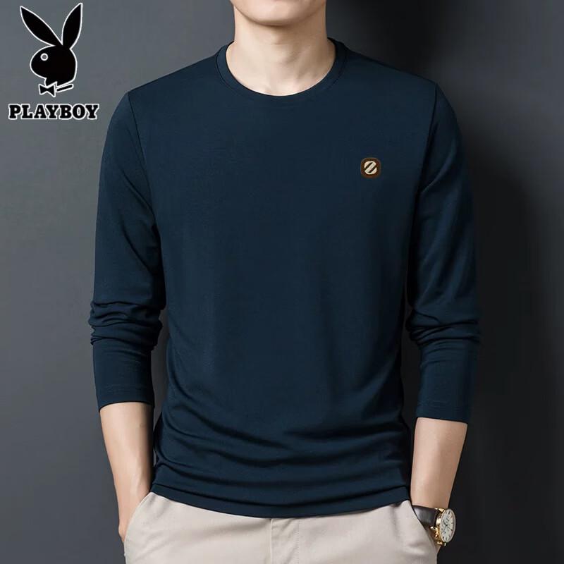 PLAYBOY Men's 100% Cotton Long-Sleeve Embroidered Crew-Neck T-Shirt