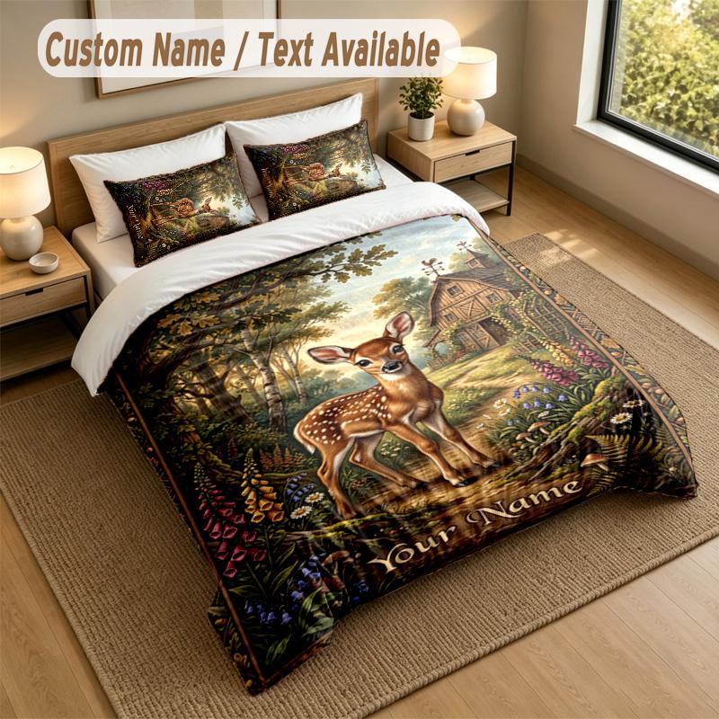Deer Theme Personalized 3Pcs Bedding Set Custom Text & Name 1 Sheet 2 Pillowcases Household Bedding 1pc