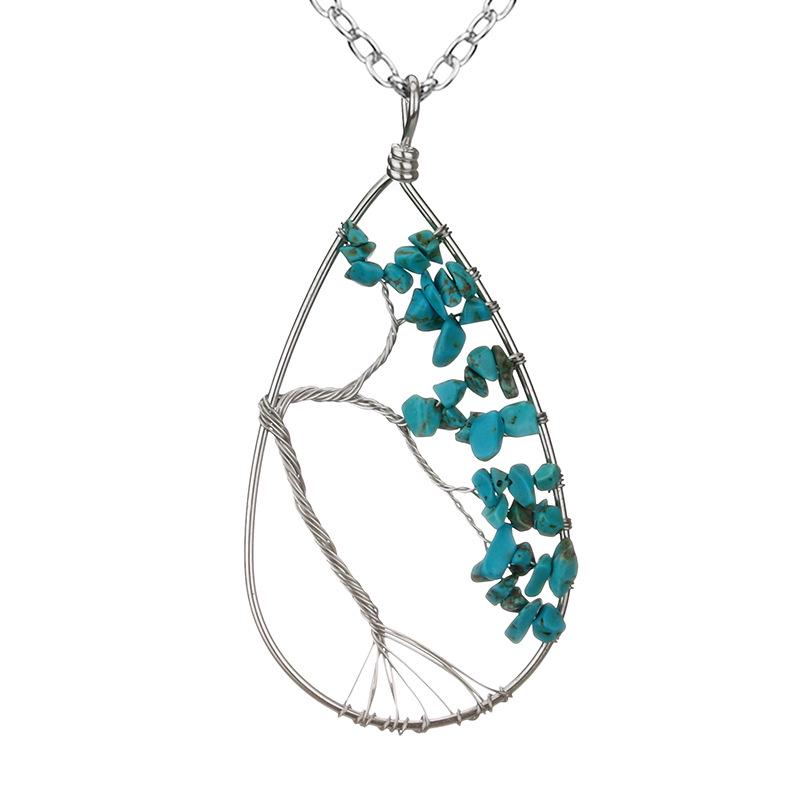 Handmade Silver Wrapped Copper Wire Crushed Stone Tree of Life Necklace, Water Drop Natural Stone Design, Bent Tree of Life Necklace N28.