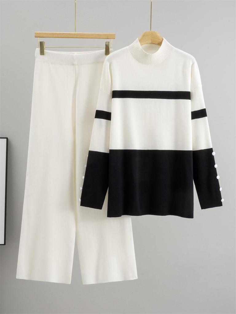 European Trendy Striped Sweater & Wide-Leg Pants Set for Women - Autumn/Winter Fashion Two-Piece