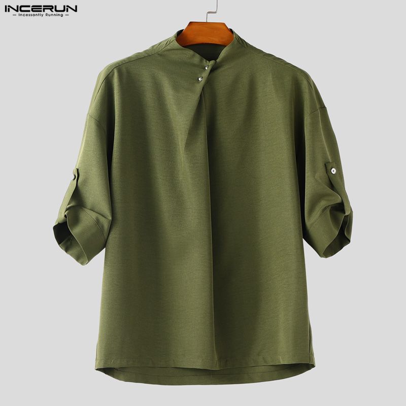 INCERUN Two Piece Suit Men Mockneck Half Sleeve Shirts Trousers Casual Loose Sets