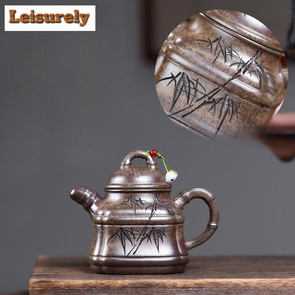 300ml Yixing Purple Clay Teapots Handmade Bamboo Tripod Pot Raw Ore Wood-fired Porcelain Mud Kettle With Filter Zisha Tea Set