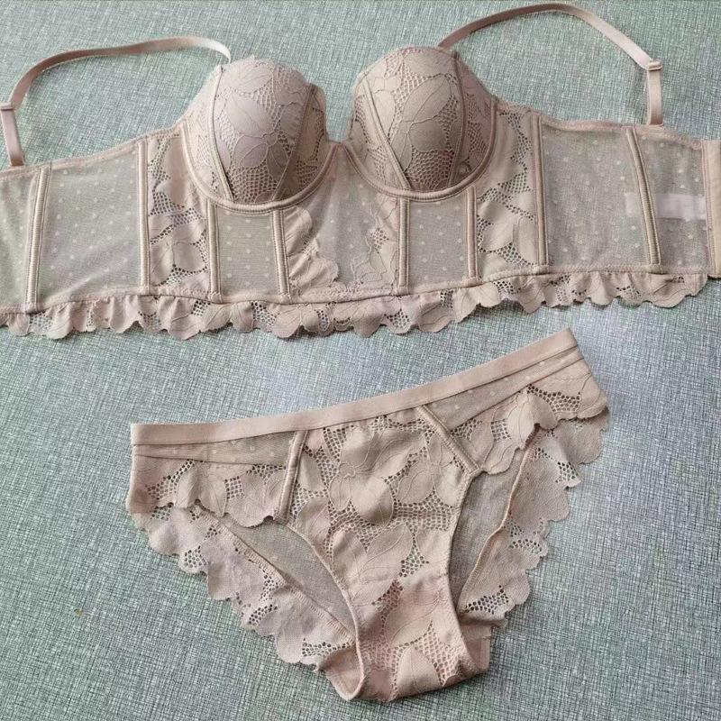 Set reggiseno push up lungo ricamato in pizzo francese Intimo donna sexy Set di reggiseno e mutandine traspiranti con body shaper a lisca di pesce