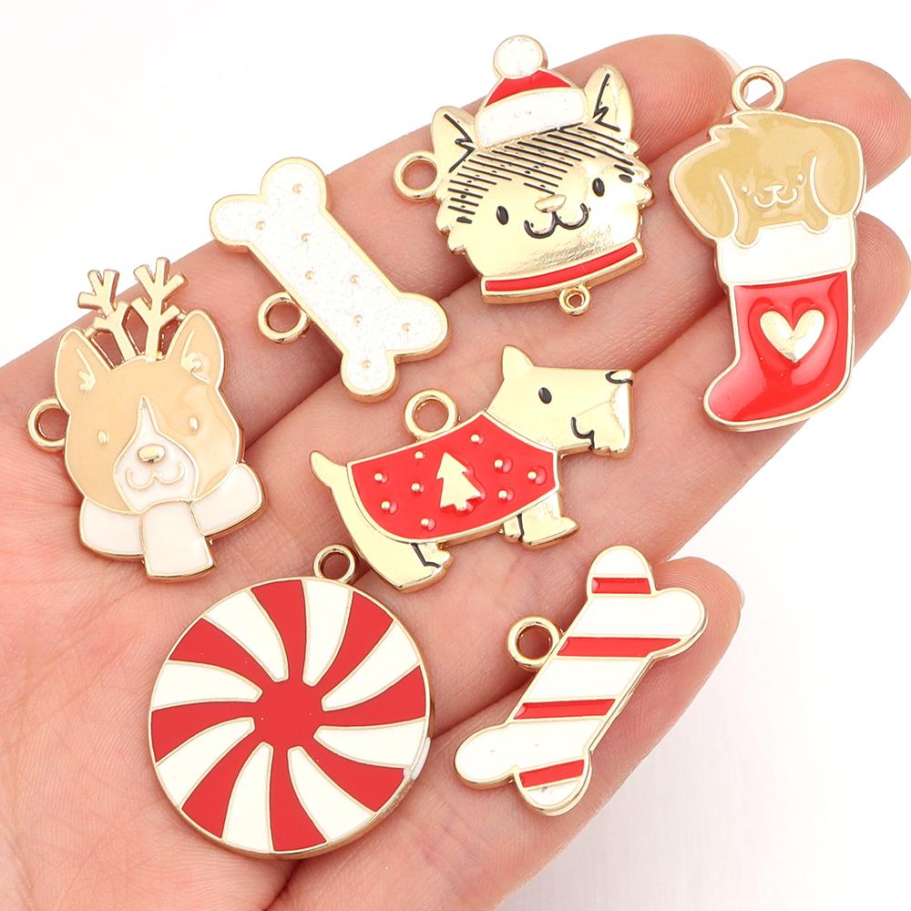 10pcs Alloy Enamel Christmas Charms Cute Xmas Pet Dog Bone Pendants For Jewelry Making DIY Earrings Necklace Gifts Accessories