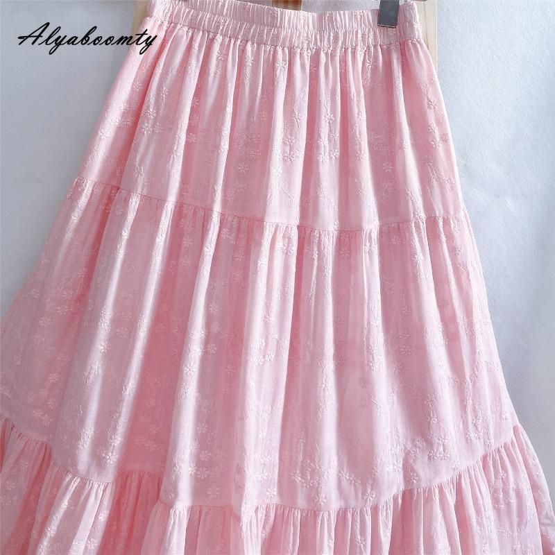 Japanischer Mori Girl Frühling Sommer Damen Rosa Rock Elastischer Bund Blumenstickerei Weicher Rock Eleganter Femininer Baumwolle Damenröcke