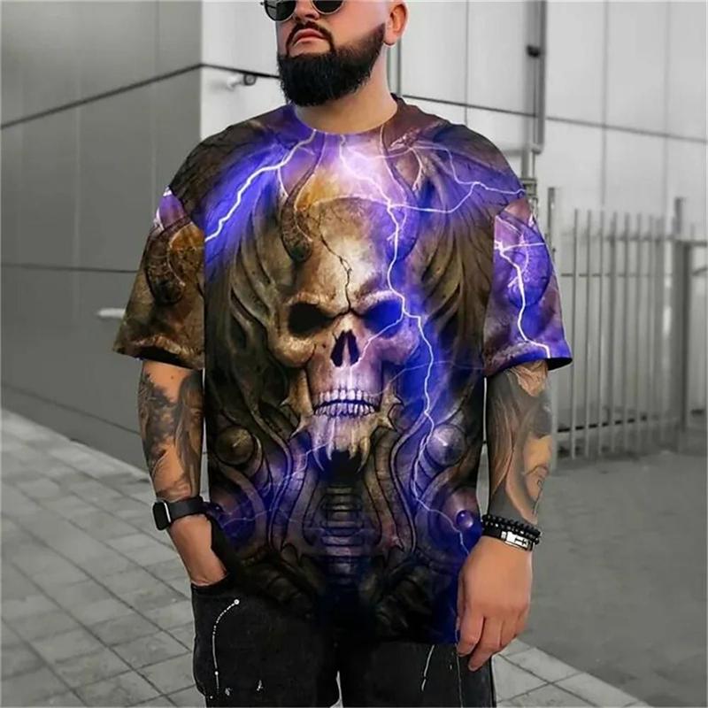 Summer Round Neck 3D Horror Skull Graphics Print Top Fashionable Casual Short Sleeved Men's T-shirts