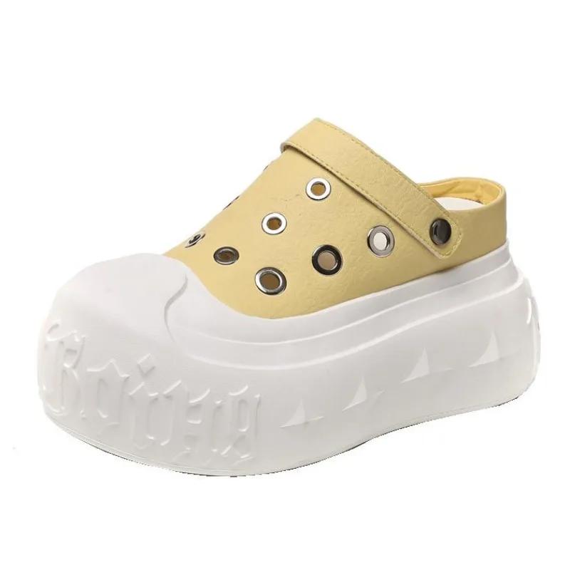 Fashion 9CM Synthetic Microfiber Leather Chunky Sneakers Slippers Platform Wedge Sandals Slipper Flats Summer Women Hollow Sneaker Shoes