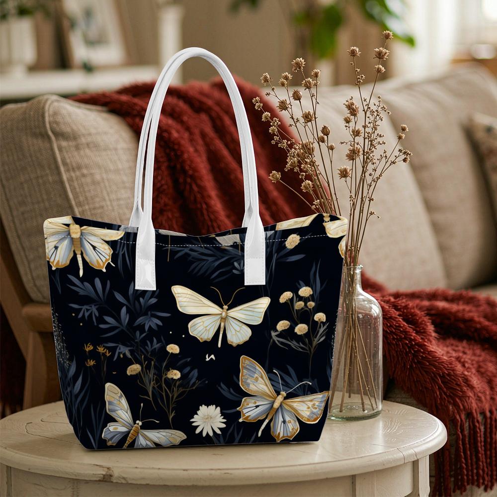 Elegant Moth Floral Printed Daily Ladies Shoulder Tote Bag Lightweight Casual Outdoor Shopping Handbag