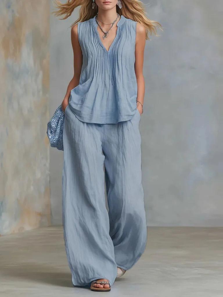 Women's Fashion Casual Solid V-Neck Ruched Loose Sleeveless Casual Wide Leg Pants Two Piece Set
