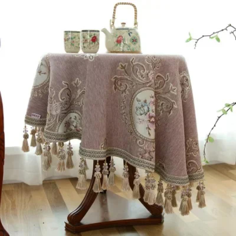 

High-Grade Tassel Embroidery Table Cover European Chenille Yarn-Dyed Jacquard Round Table Cloth Classical Coffee Table Cloth Round Diameter 120cm