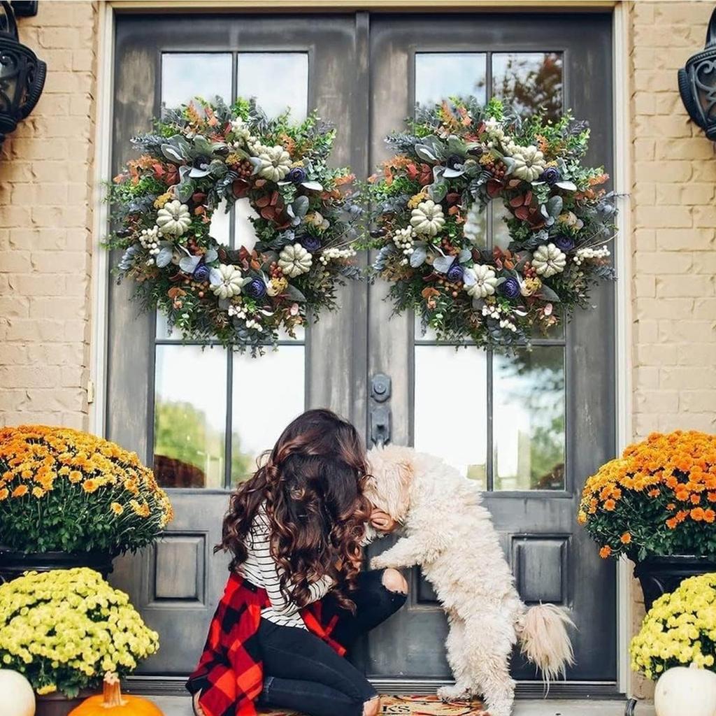 Fall Wreaths White Pumpkin Leaves Front Door Wreath Rustic Decor Sign Decorations For Porch Thanksgiving Fireplace Patio