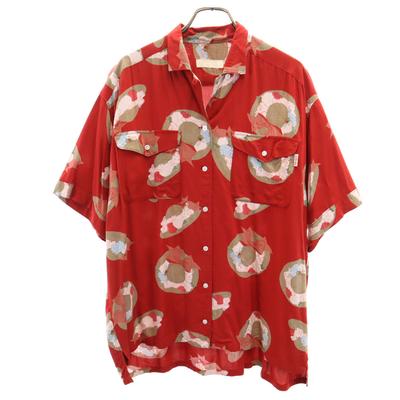 PINK HOUSE Straw Hat Pattern Short Sleeve Open Collar Shirt Red Women Used