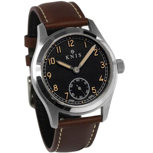 KNIS Men's Retro Military Watch, Made In Japan, Sapphire Crystal, 10 ATM Water Resistance, Black Dial, Brown Leather, KN003-BKBRLE