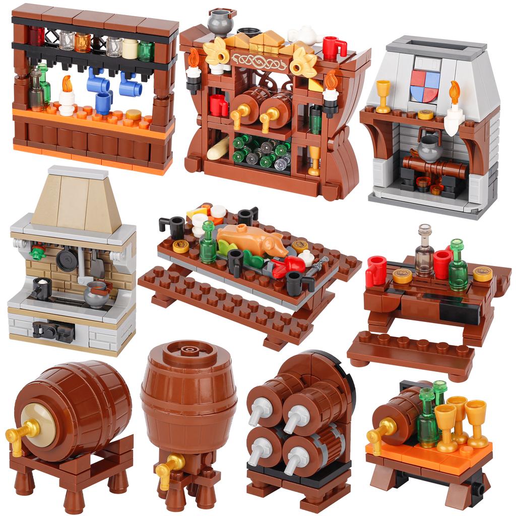 MOC Mittelalterliche Weinpresse Bausteine Set Esstisch Fass Weinkeller Weinstock Ziegel Regale Kamin Spielzeug Kindergeschenk