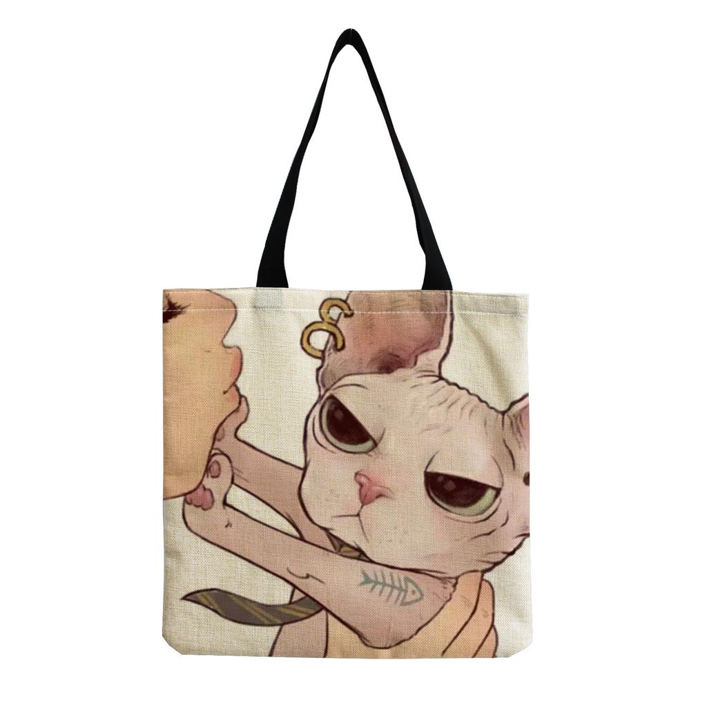 Damen Vintage Leinen-Tragetasche - Große Kapazität Katzen-Print Schulter-Handtasche für Freizeit & Lebensmitteleinkauf KTB