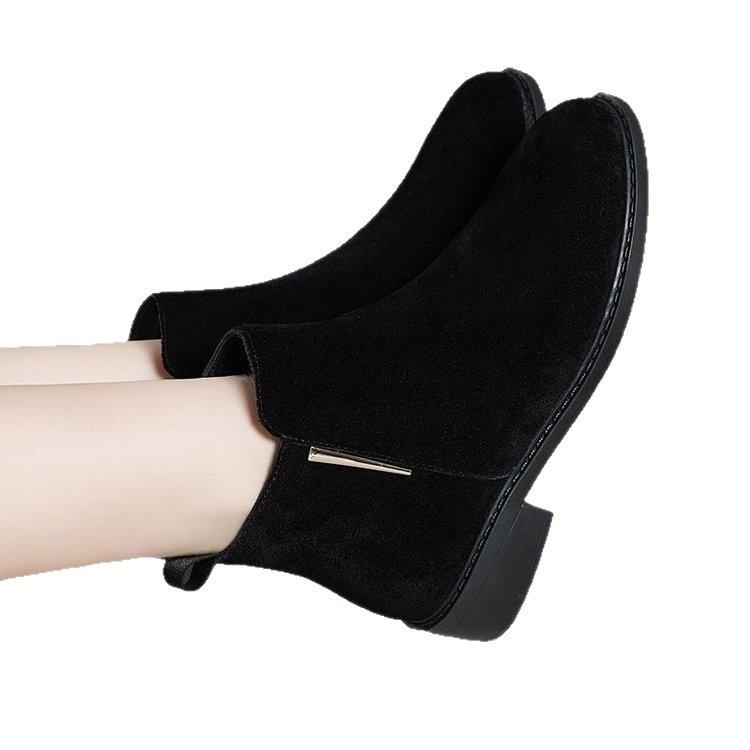 Herbst und Winter neue Samt mittelhohe Absatz Martin Stiefel dicker Absatz mattes Leder dünne Damen kurze Baumwollstiefel