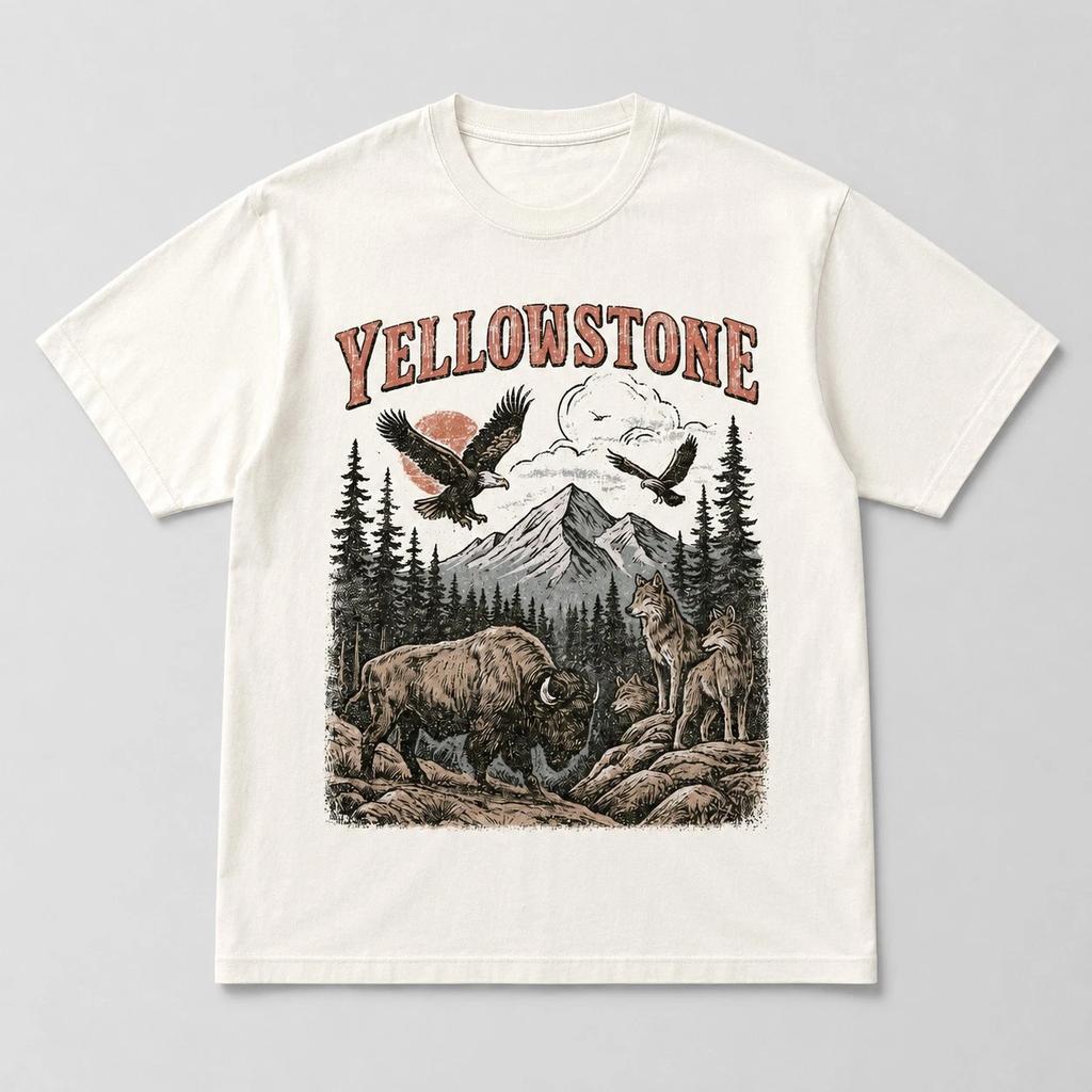 Yellowstone Nationalpark T-Shirt Vintage Outdoor Grafik-T-Shirt Herren Damen Creme