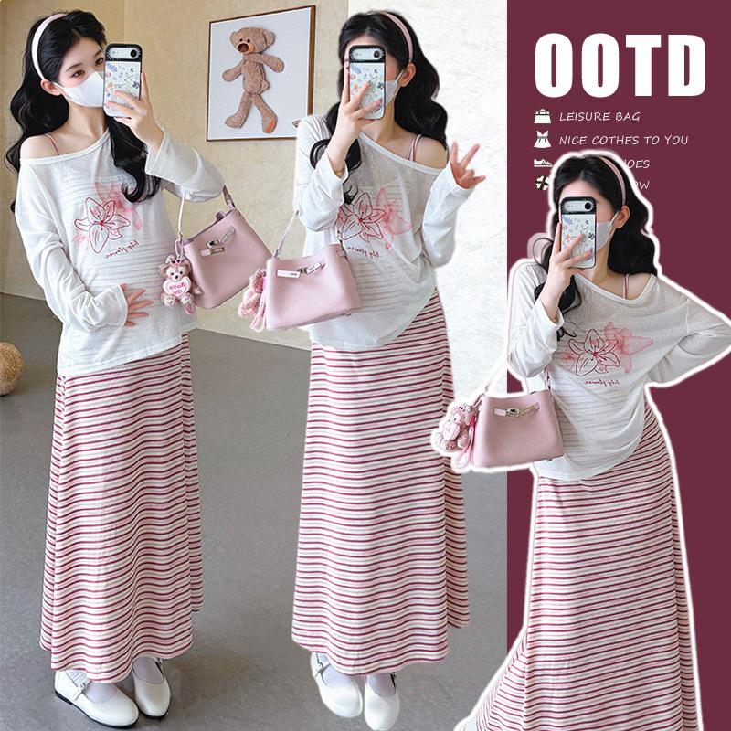 2026 Spring/Summer Korean Style Striped Camisole Dress + Floral Long Sleeve Cover-up Set XL